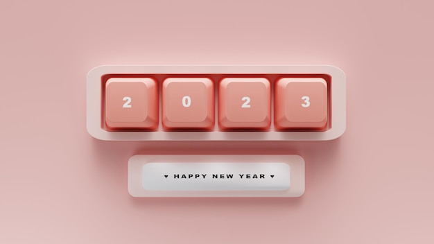 renderização 3D feliz ano novo no teclado fofo com tom vermelho suave