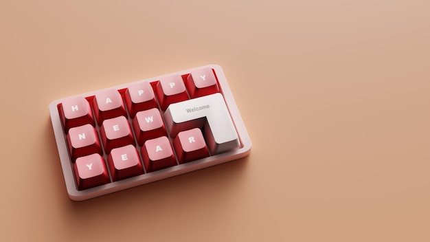 Renderização 3D Feliz ano novo no teclado vermelho personalizado com espaço livre