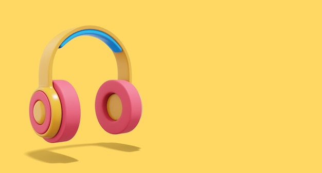 Renderização 3d fones de ouvido multicoloridos em fundo amarelo com espaço para texto