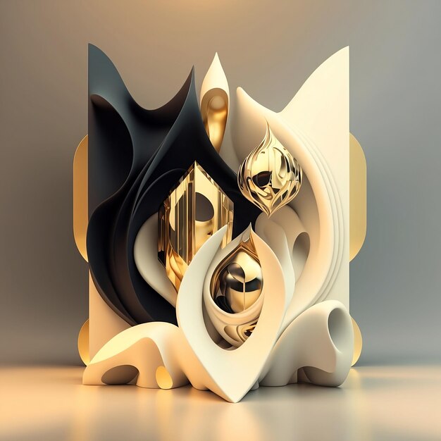 Foto renderização 3d forma geométrica abstrata com ouro e ornamento preto