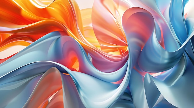 Renderização 3D Formas fluidas suaves em tons pastel de azul e laranja ondulam e se misturam criando uma composição orgânica abstrata