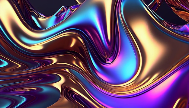 renderização 3D, fundo abstrato, folha holográfica iridescente, textura metálica, ondulado ultravioleta