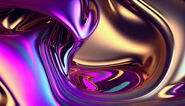 Foto renderização 3d, fundo abstrato, folha holográfica iridescente, textura metálica, ondulado ultravioleta