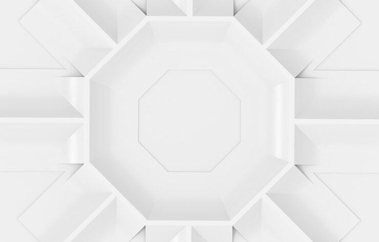 Foto renderização 3d. fundo branco moderno da parede do projeto da placa da forma hexagonal.