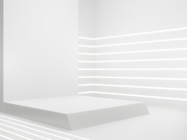 Renderização 3D Fundo de exibição de produto SciFi branco Pódio científico com luzes de néon brancas