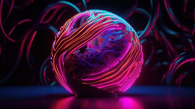 renderização 3D fundo de néon abstrato com bola brilhante Generative Ai