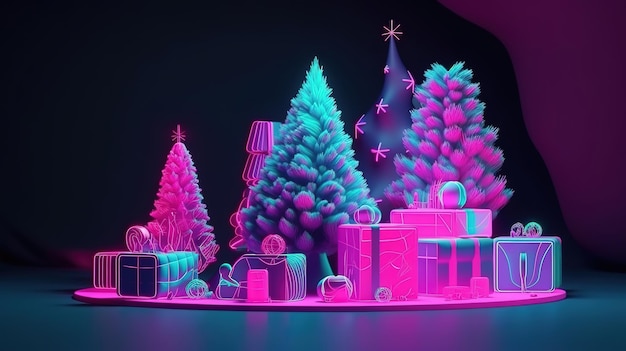 renderização 3D fundo de néon de Natal com abeto Generative Ai