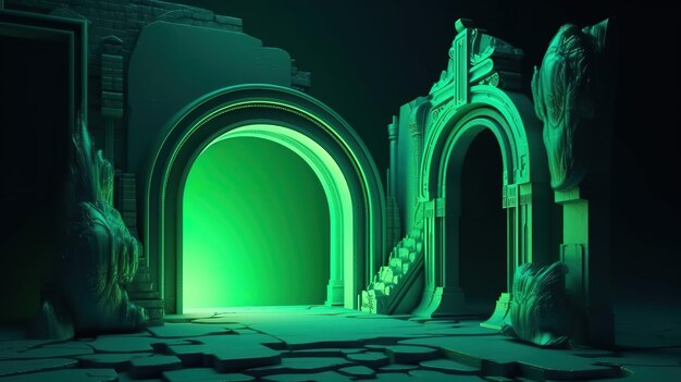 renderização 3D fundo de néon verde abstrato com arco brilhante Generative Ai