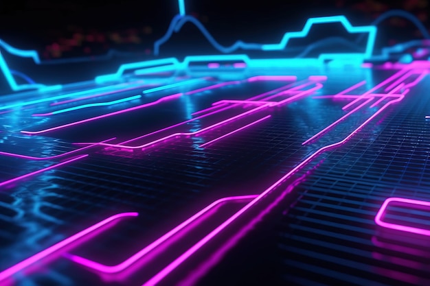 renderização 3D fundo neon abstrato Linhas brilhantes coloridas Transferência de dados digitais Papel de parede futurista