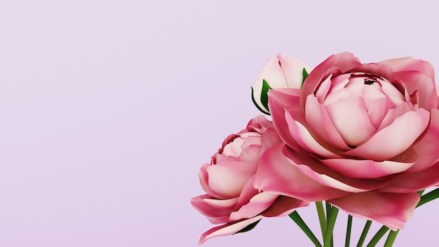 Renderização 3D. fundo rosa com flores para 8 de março