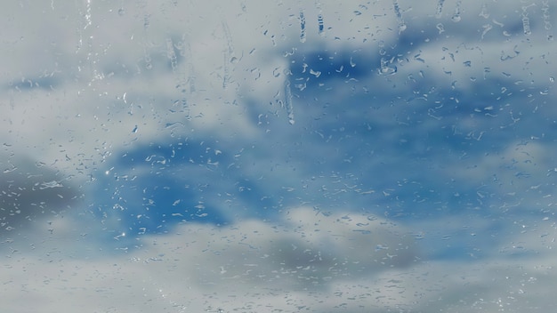 Renderização 3d gotas de chuva na janela chovendo no vidro macro abstrato dia chuvoso