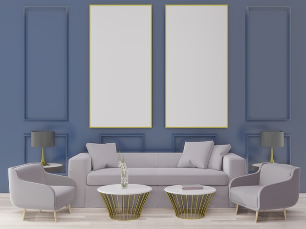 Renderização 3d grande sala de estar. Design de interiores, estilo art deco, parede azul para