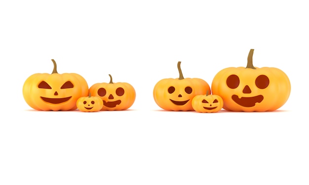 Renderização 3D, grupo de cabeças de abóbora com emoções felizes para a decoração de Halloween, abóboras divertidas e assustadoras, isoladas no fundo branco, caminho de recorte