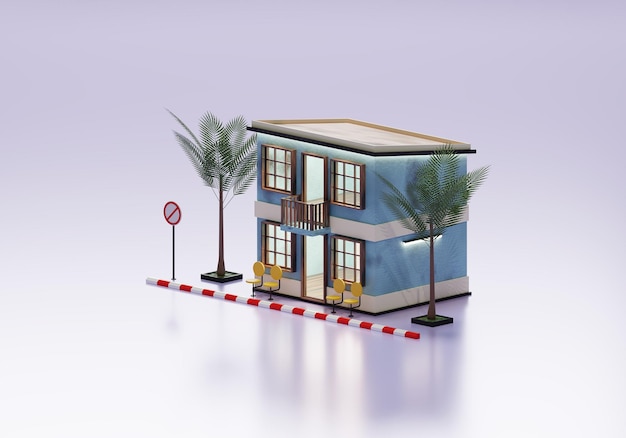 Renderização 3D Guest House em vista isométrica de fundo exterior