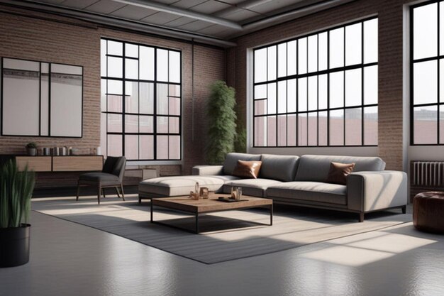 Renderização 3D hiper-realista de um interior de loft urbano contemporâneo