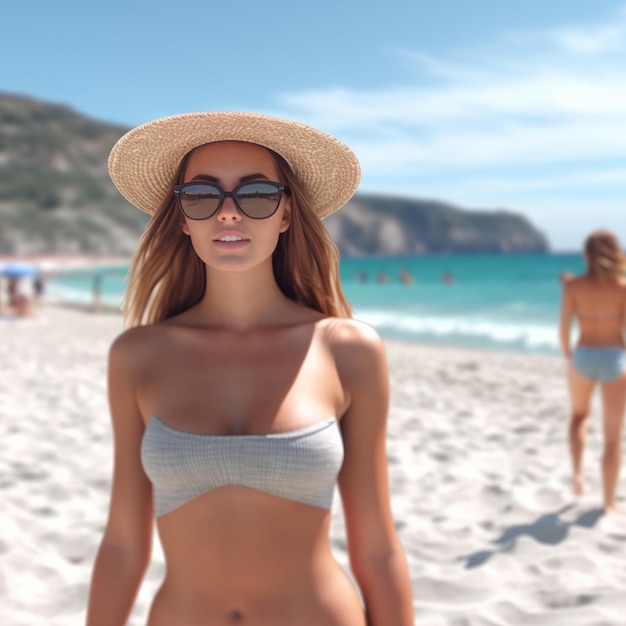 Renderização 3D hiper realista de uma mulher atraente em uma praia de verão