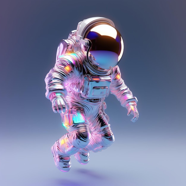 Renderização 3D holográfica de astronauta flutuando no espaço em um fundo gradiente IA generativa