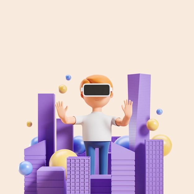 renderização 3D Homem dos desenhos animados no mundo virtual de óculos vr e vivendo no metaverso