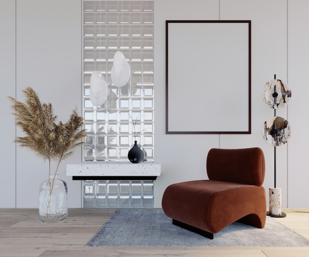 Renderização 3D, ilustração 3D, cena interior e maquete de quadro, parede de bloco de vidro Suspensão de parede, pátio de pedra, piso de madeira, cadeiras revestidas com tecido vermelho-marrom.
