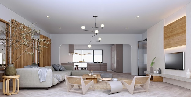 renderização 3D, ilustração 3D, cena interior e maquete, sala de estar de estilo moderno decorada com woo