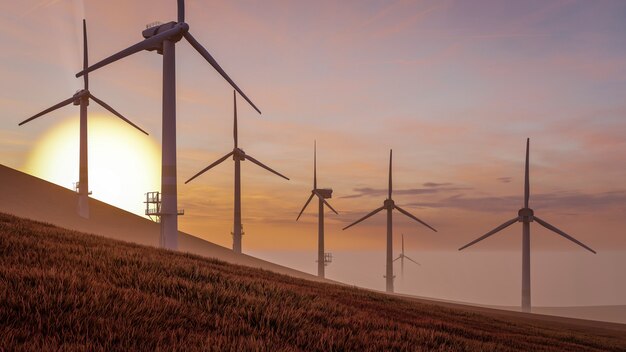 Renderização 3D Ilustração de Energia Sustentável de Turbina Eólica