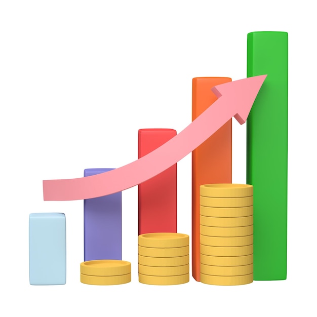 Renderização 3D Infográfico de negócios com diagramas de ações e gráfico de barras estatísticas isolado em fundo branco Gráficos de linhas financeiras e gráficos para apresentação e relatório financeiro