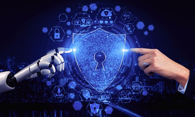 Renderização 3D inteligência artificial pesquisa de IA de desenvolvimento de robôs e ciborgues para o futuro das pessoas que vivem Mineração de dados digitais e design de tecnologia de aprendizado de máquina para cérebro de computador
