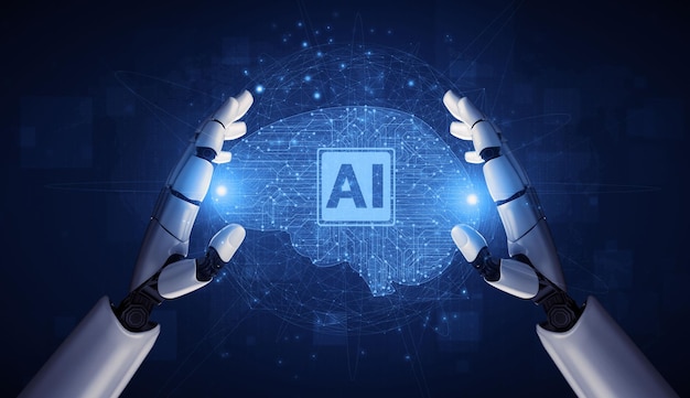 Renderização 3D inteligência artificial pesquisa de IA de desenvolvimento de robôs e ciborgues para o futuro das pessoas que vivem Mineração de dados digitais e design de tecnologia de aprendizado de máquina para cérebro de computador