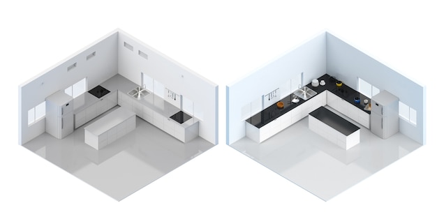 Foto renderização 3d interior da cozinha com balcão e geladeira isométrica