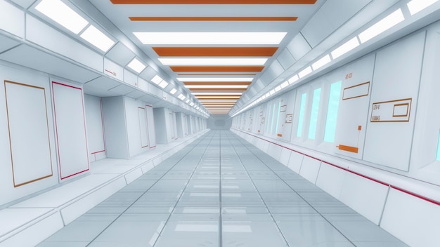 Renderização 3D. Interior de nave espacial futurista