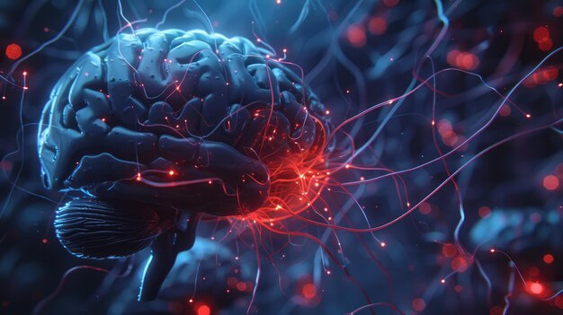 Renderização 3D intrincada do cérebro e da atividade neuronal