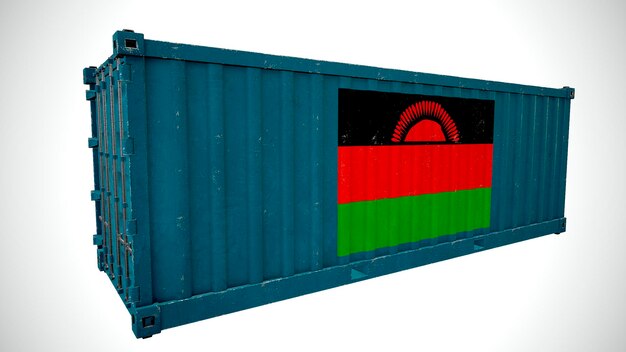 Renderização 3d isolada de contêiner de carga marítima texturizada com Renderização 3d isolada de contêiner de carga marítima texturizada com bandeira nacional do Malawi