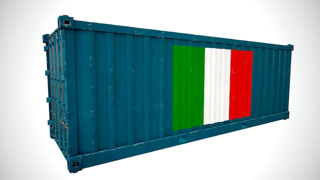 Renderização 3d isolada de contêiner de carga marítima texturizado com a bandeira nacional da Itália