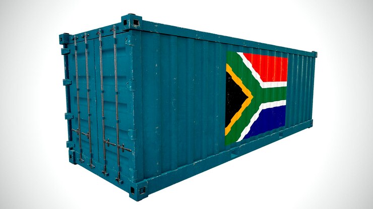 Foto renderização 3d isolada de contêiner de carga marítima texturizado com bandeira nacional da áfrica do sul