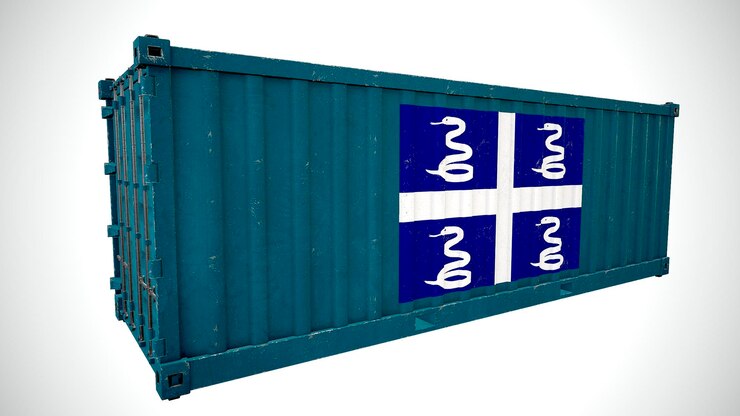 Foto renderização 3d isolada de contêiner de carga marítima texturizado com bandeira nacional da martinica