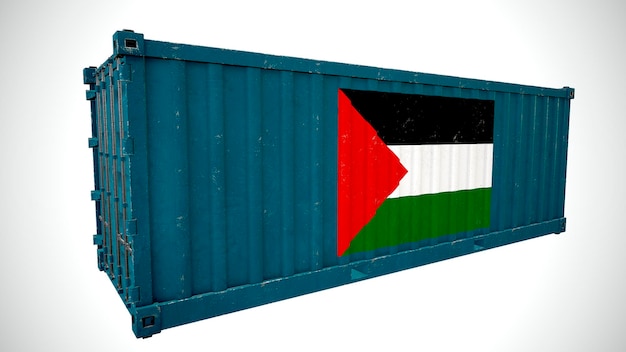 Renderização 3d isolada de contêiner de carga marítima texturizado com bandeira nacional da Palestina