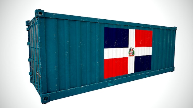 Renderização 3d isolada de contêiner de carga marítima texturizado com bandeira nacional da República Dominicana