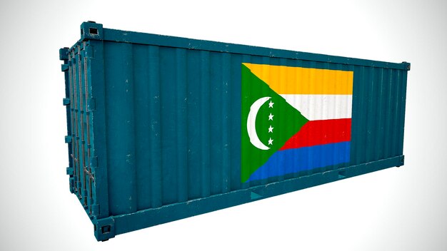 Renderização 3d isolada de contêiner de carga marítima texturizado com bandeira nacional das Comores