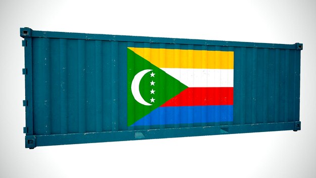 Renderização 3d isolada de contêiner de carga marítima texturizado com bandeira nacional das Comores