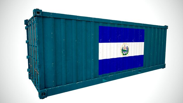 Renderização 3d isolada de contêiner de carga marítima texturizado com bandeira nacional de El Salvador