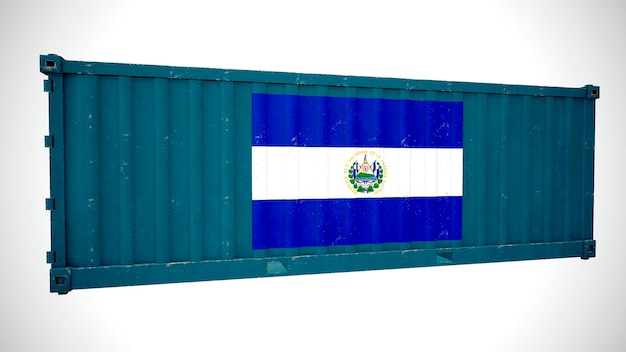 Renderização 3d isolada de contêiner de carga marítima texturizado com bandeira nacional de El Salvador