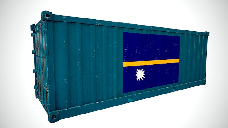 Foto renderização 3d isolada de contêiner de carga marítima texturizado com bandeira nacional de nauru