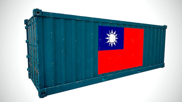 Renderização 3d isolada de contêiner de carga marítima texturizado com bandeira nacional de Taiwan