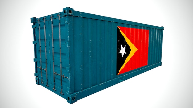 Renderização 3d isolada de contêiner de carga marítima texturizado com bandeira nacional de Timor Leste