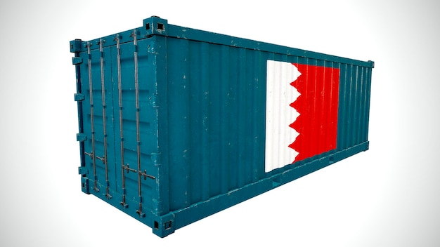 Renderização 3d isolada de contêiner de carga marítima texturizado com bandeira nacional do Bahrein