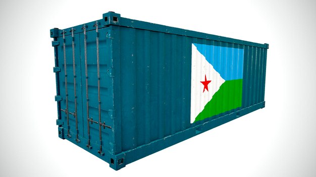 Renderização 3d isolada de contêiner de carga marítima texturizado com bandeira nacional do Djibuti