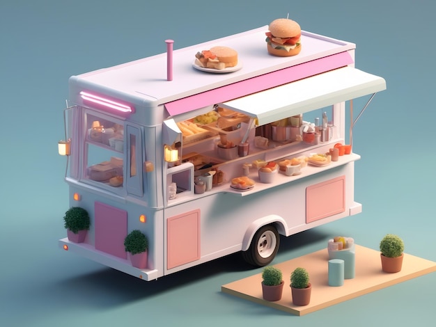 Renderização 3d isométrica minúscula e fofa Food Truck