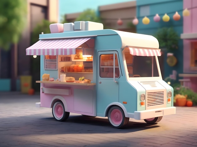 Renderização 3d isométrica minúscula e fofa Food Truck