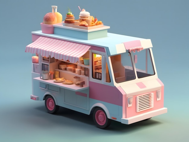 Renderização 3d isométrica minúscula e fofa Food Truck