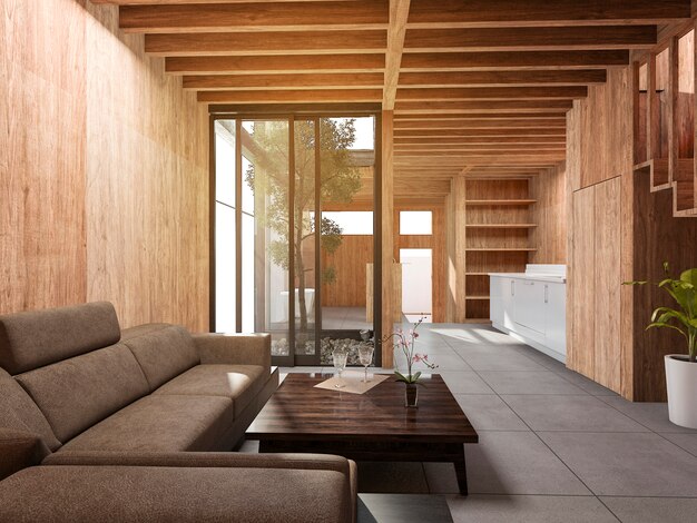 Foto renderização 3d, japoneses, sala estilo, casa, com, decoração madeira